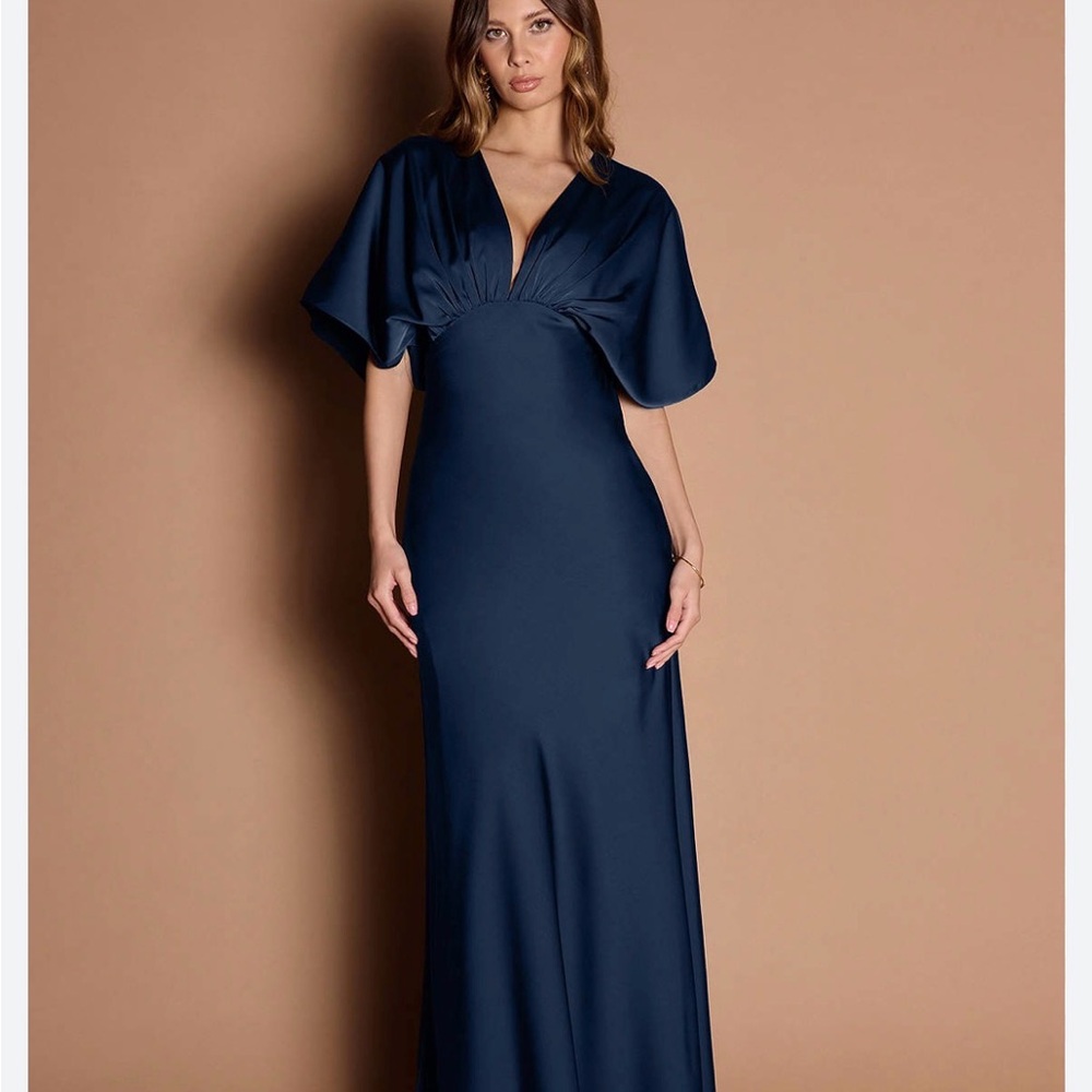 Azazie Navy Blue Maxi Dress with Flutter Sleeves
